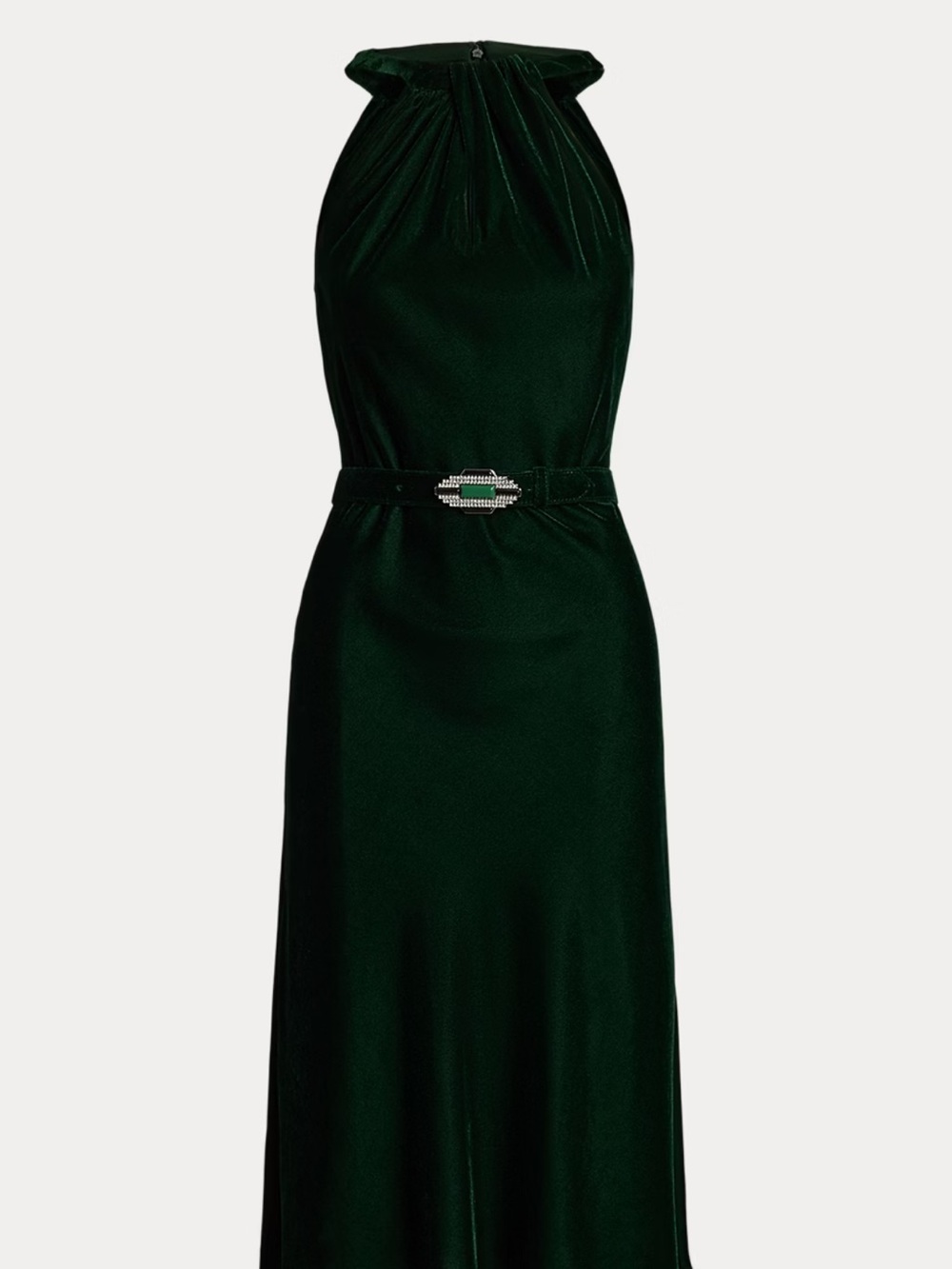 Ralph Lauren Belted Velvet Halter Dress Emerald Green with Jewel Buckle